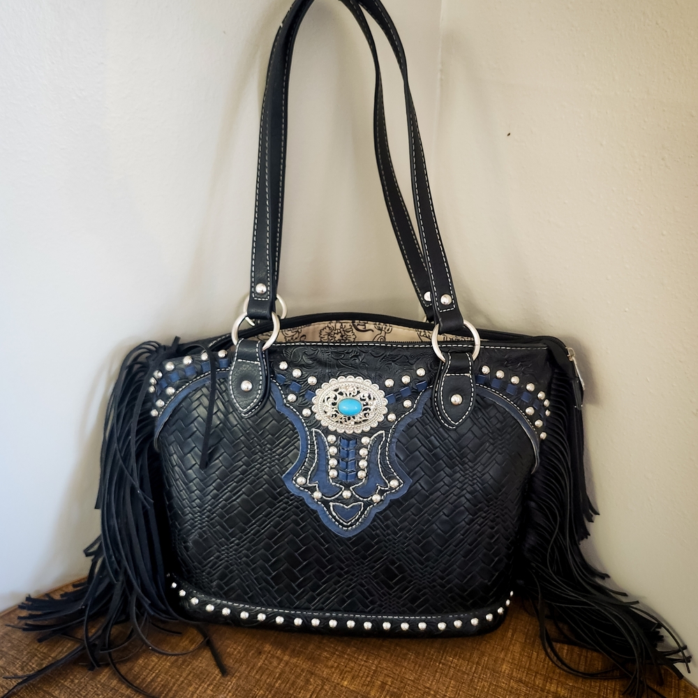Western Fringe Tote Bag Black Studded Turquoise Cowgirl Tooled Handbag Boho